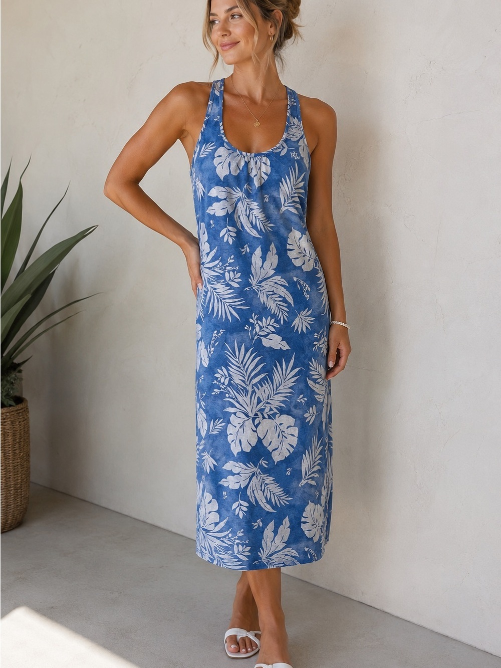 Lauren Ralph Lauren Blue Tropical Palm Print Racerback Midi Tank Dress Size M